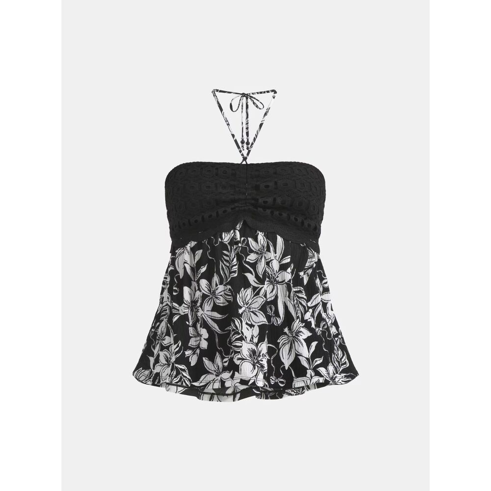 No Boundaries Womens XL Convertible Halter Top Y2K Boho Black White Floral New